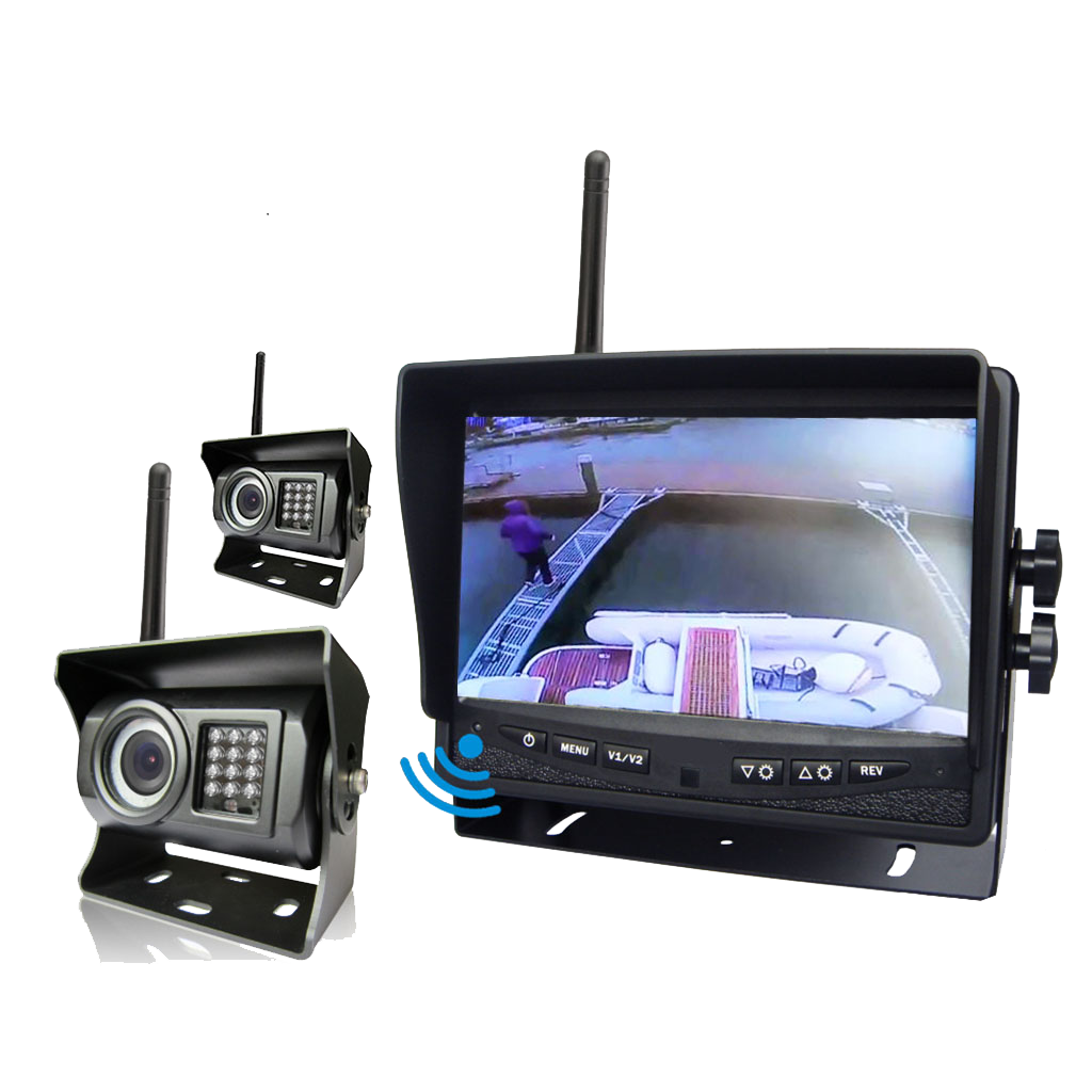 7" skjerm og to trådløse kamera til båt