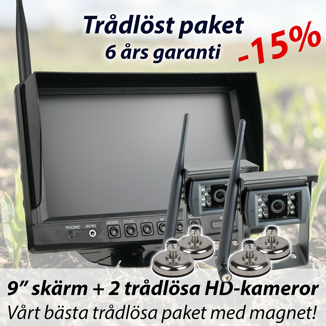 Trådlöst paket 9 tums skjerm 2 trådlösa kameror MS03 med magnet Sverige